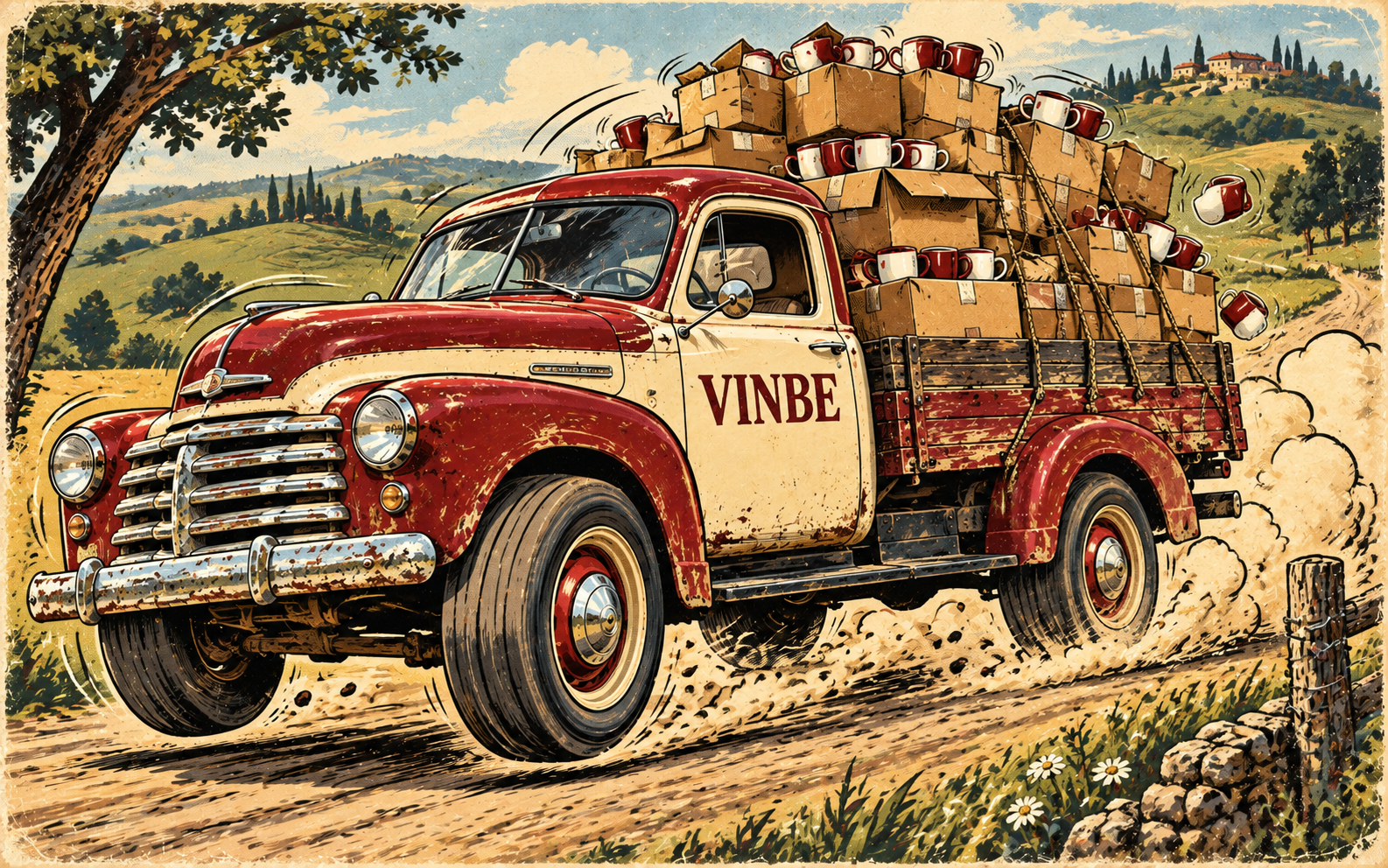 Comicartiger VINBE Liefer-Pickup mit Kartons voller individuell bedruckter Tassen