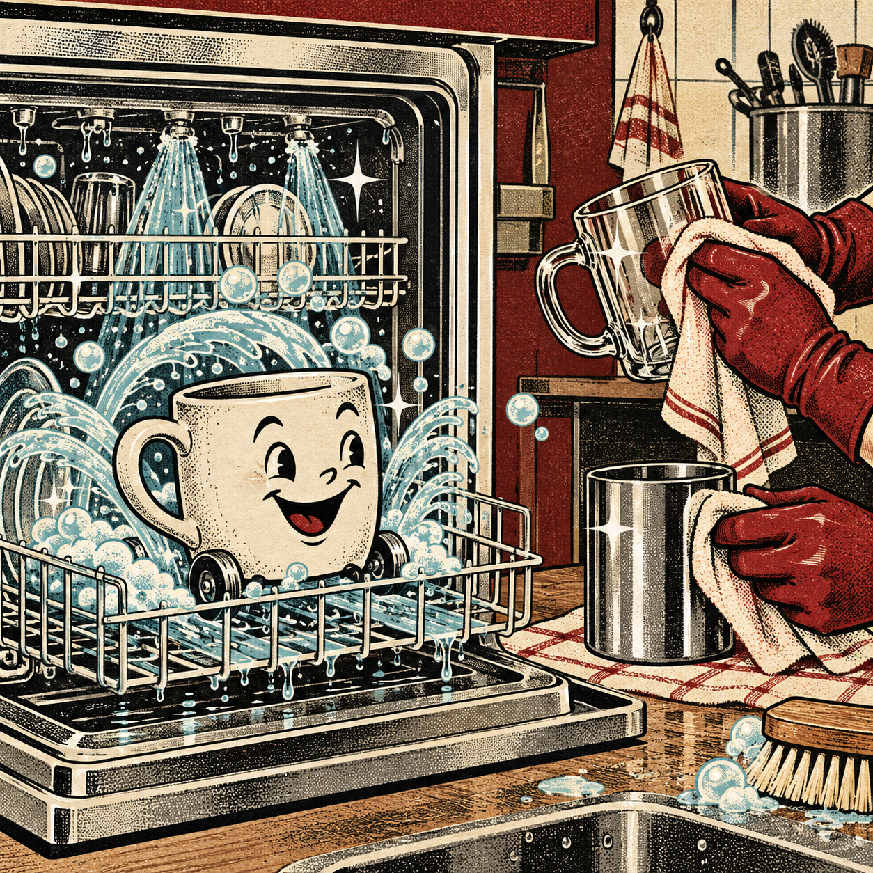 Vintage-Comic: Tasse in der Spülmaschine und schonende Handreinigung