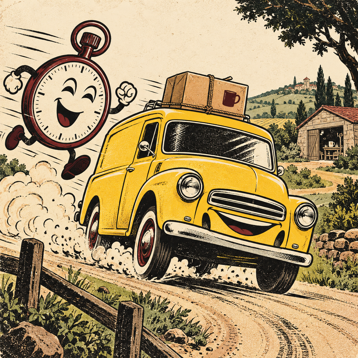 Vintage-Comic: Paketlieferung mit Lieferwagen und Stoppuhr